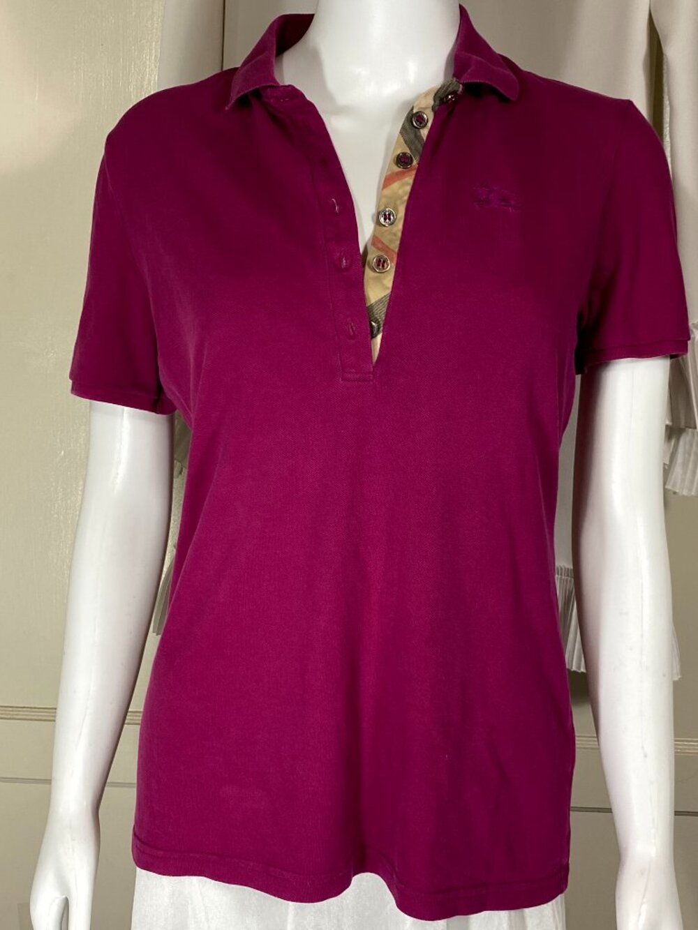 BURBERRY BRIT Polo Shirt M Magenta Pink Nova Check Placket Knight Logo Preppy